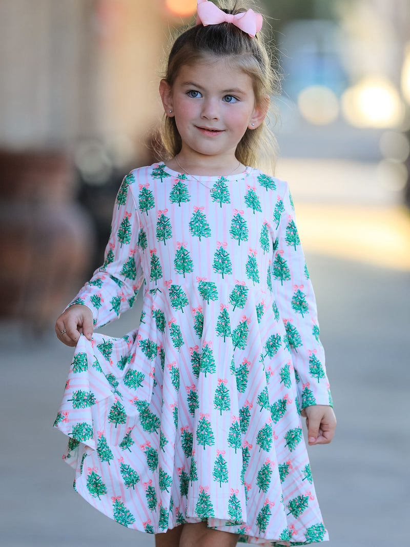 Christmas Girls Pink Stripe Tree Bow Twirl Dress - 2