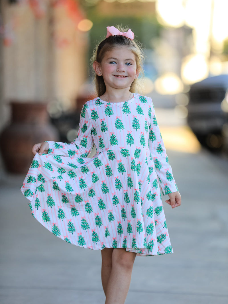 Christmas Girls Pink Stripe Tree Bow Twirl Dress - 3