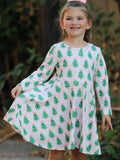 Christmas Girls Pink Stripe Tree Bow Twirl Dress - 5