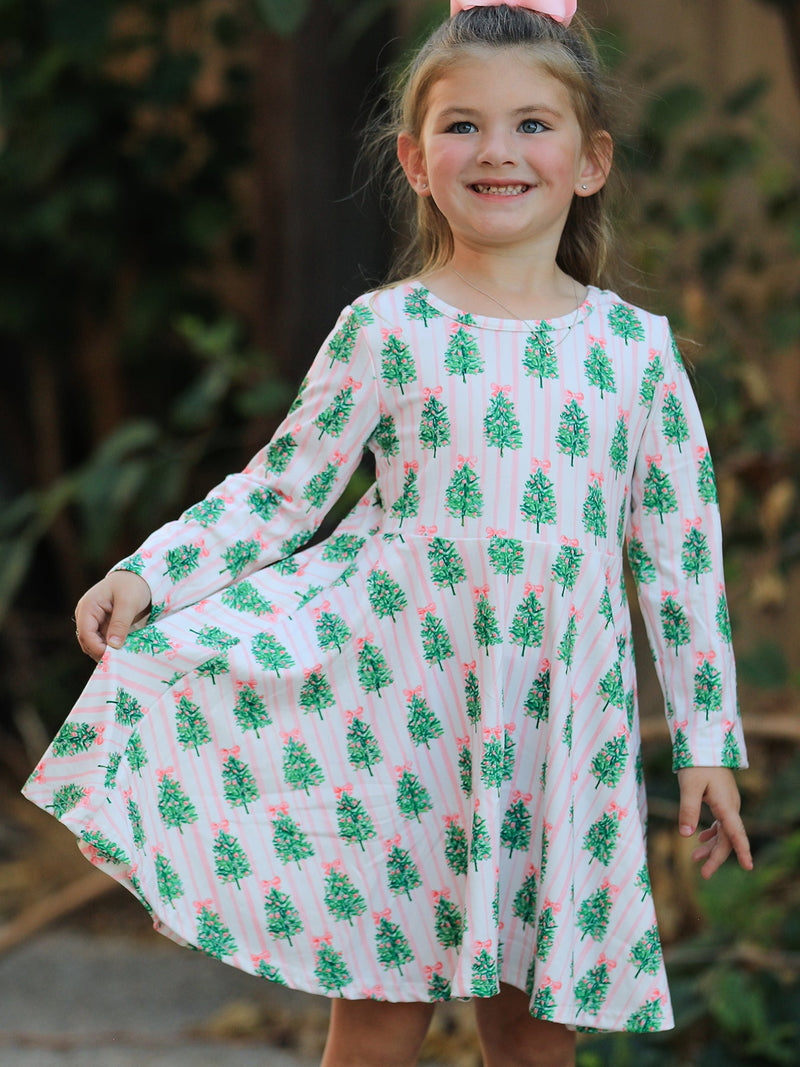 Christmas Girls Pink Stripe Tree Bow Twirl Dress - 5