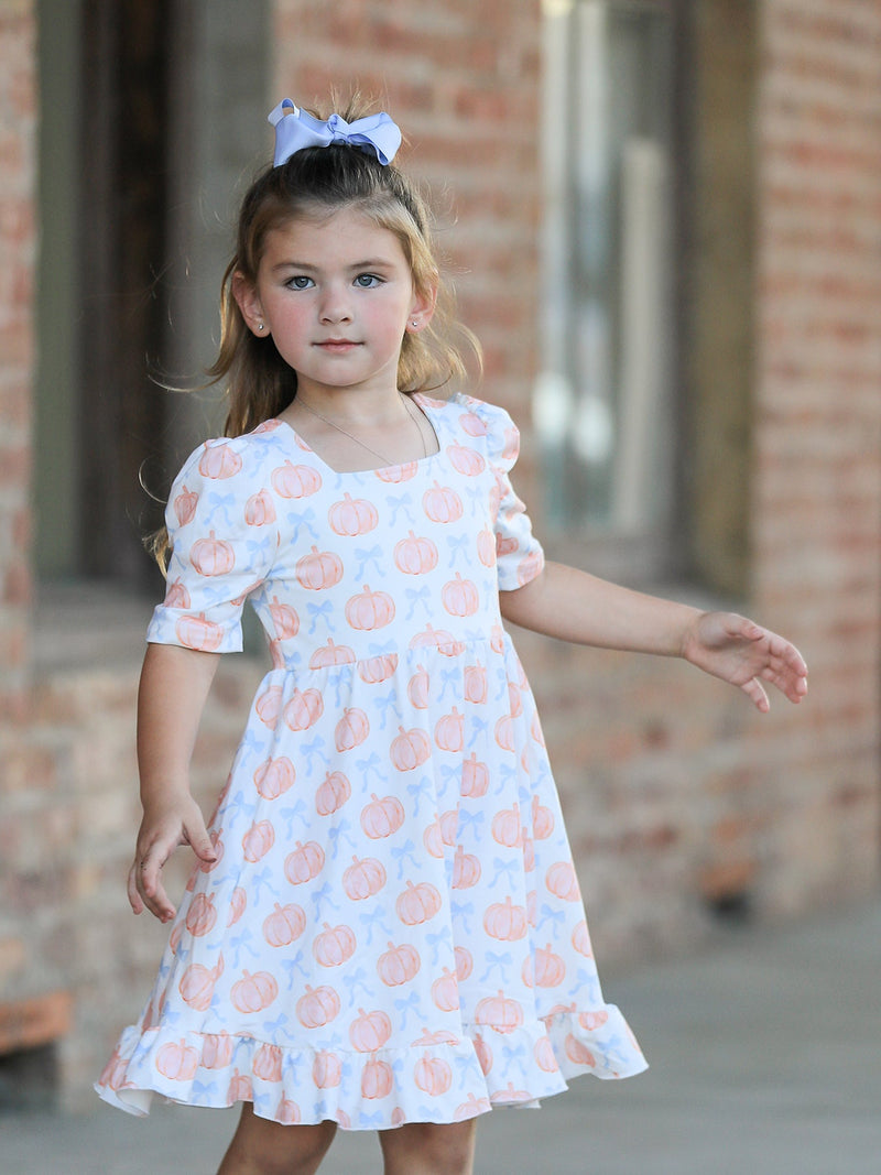 Halloween Thanksgiving Pumpkin Bow Girls Twirl Ruffle Dress - 1