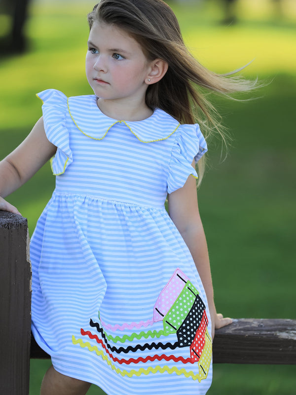 Back To School Girls Stripe Pencil Applique Bow Dress
