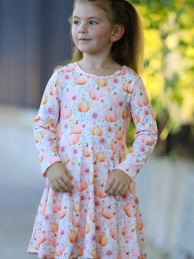 Fall Pink Pumpkin Girls Long Sleeve Twirl Dress - 5