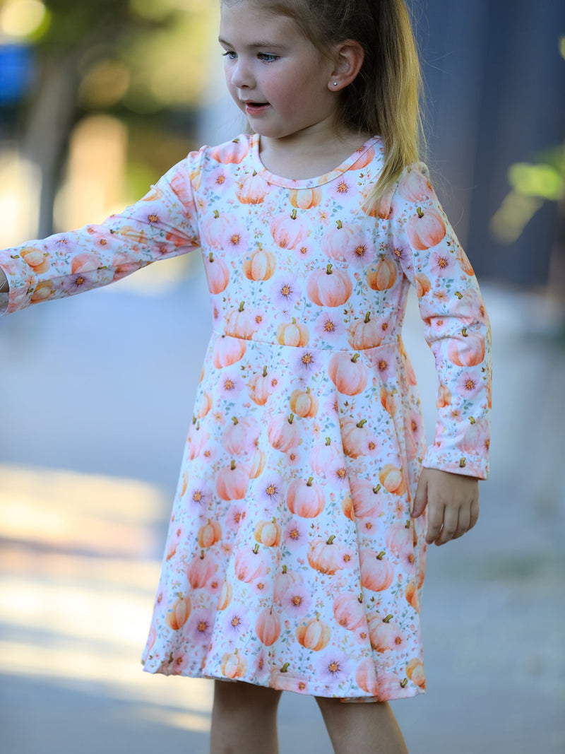 Fall Pink Pumpkin Girls Long Sleeve Twirl Dress - 3