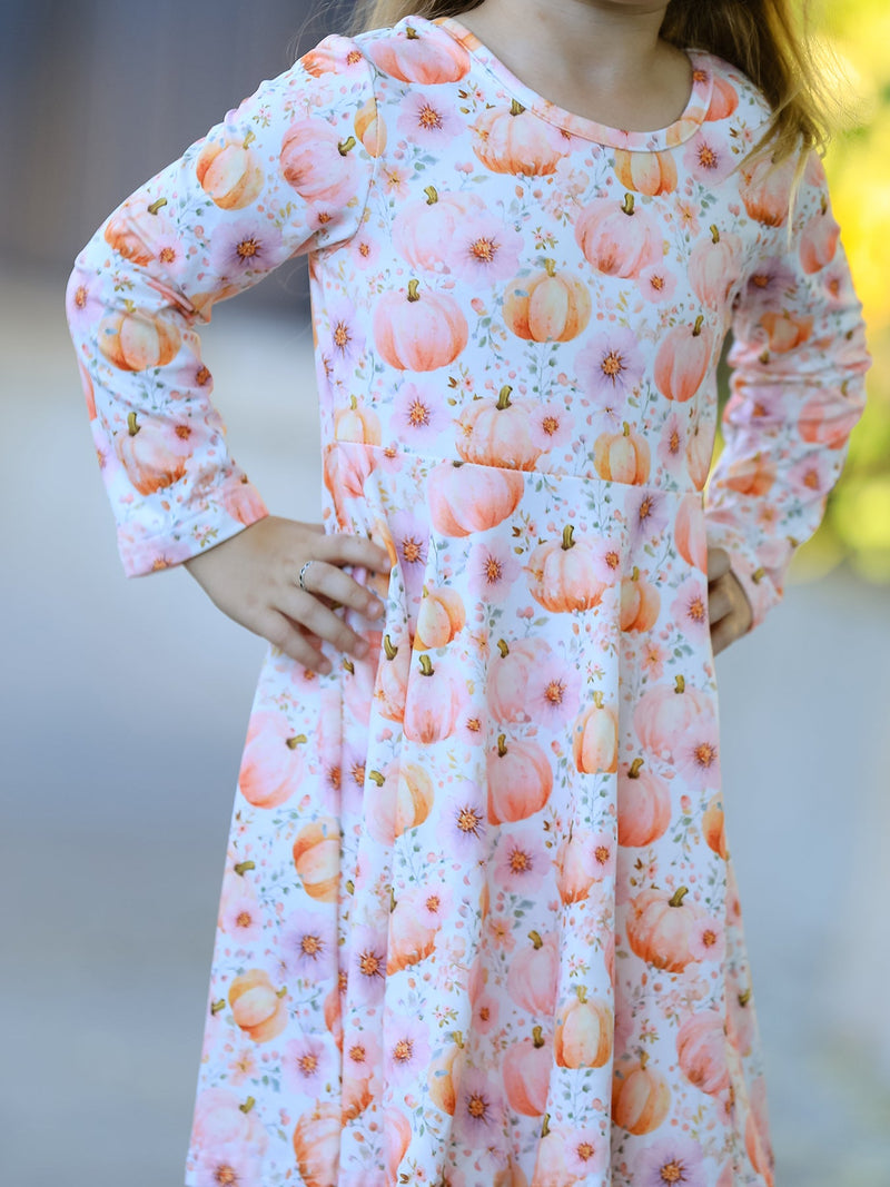 Fall Pink Pumpkin Girls Long Sleeve Twirl Dress - 4