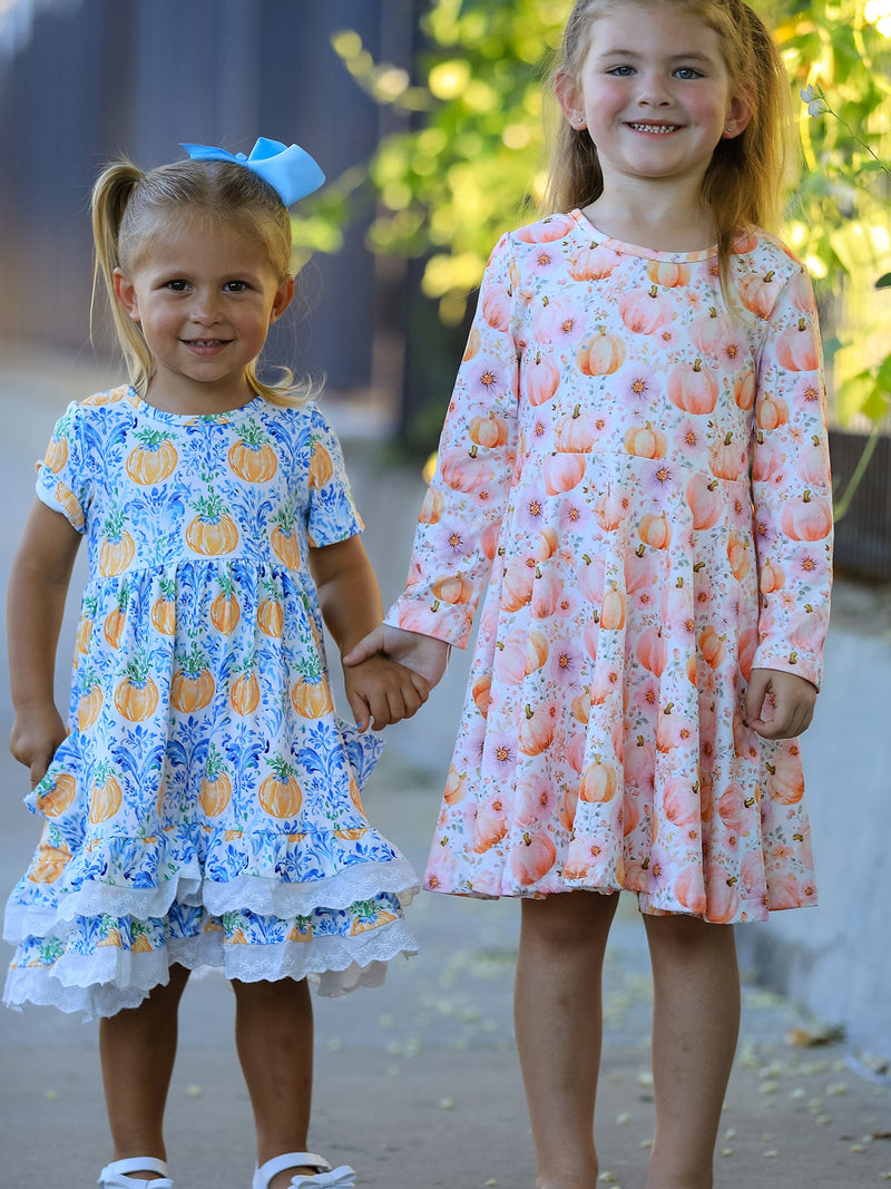 Fall Pink Pumpkin Girls Long Sleeve Twirl Dress - 11