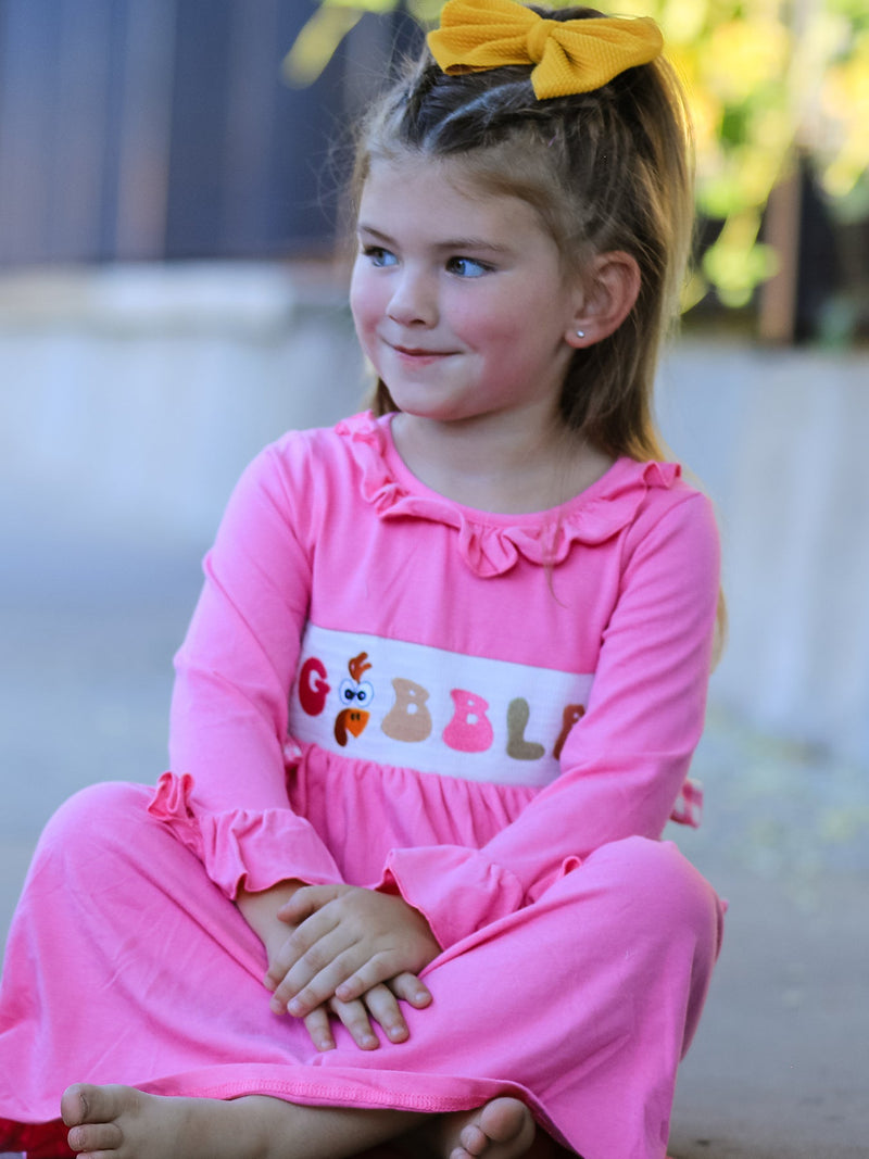 Fall Thanksgiving& Halloween "GOBBLE" Smock Embroidery Baby Girl Dress - 6