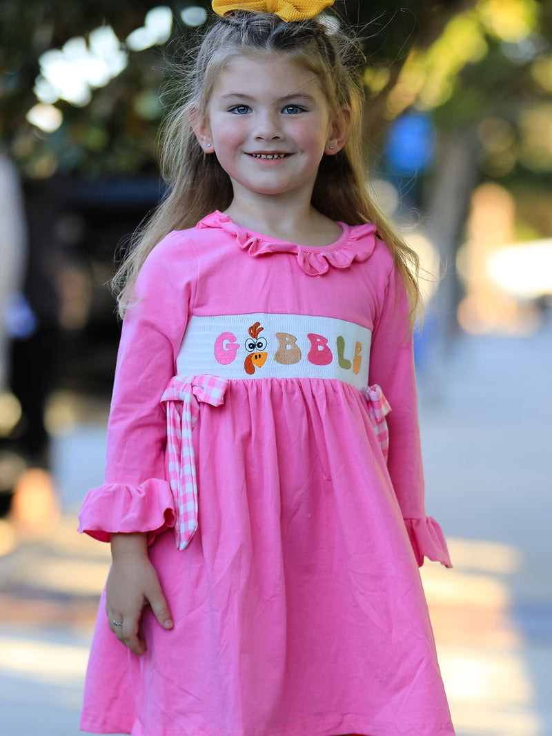 Fall Thanksgiving& Halloween "GOBBLE" Smock Embroidery Baby Girl Dress - 5