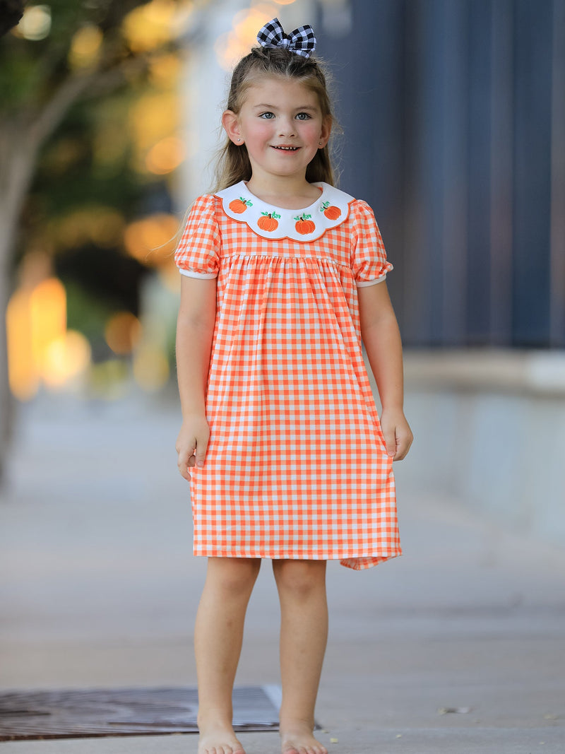 Fall Pumpkin Embroidered Puff Sleeve Girls Dress - 2