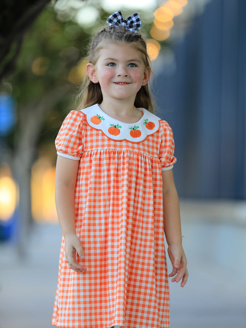 Fall Pumpkin Embroidered Puff Sleeve Girls Dress - 1