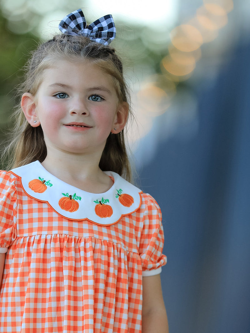 Fall Pumpkin Embroidered Puff Sleeve Girls Dress - 5