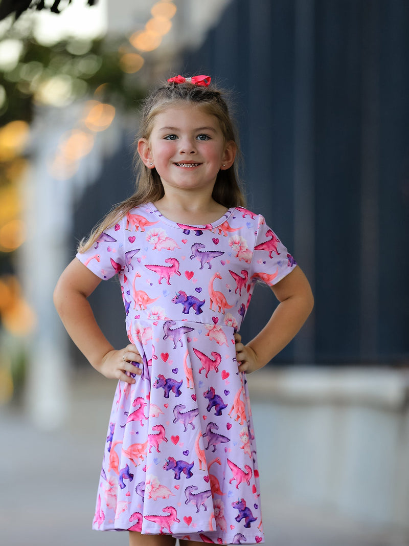 Dinosaur Heart Twirl Girls Dress Short Sleeves - 2