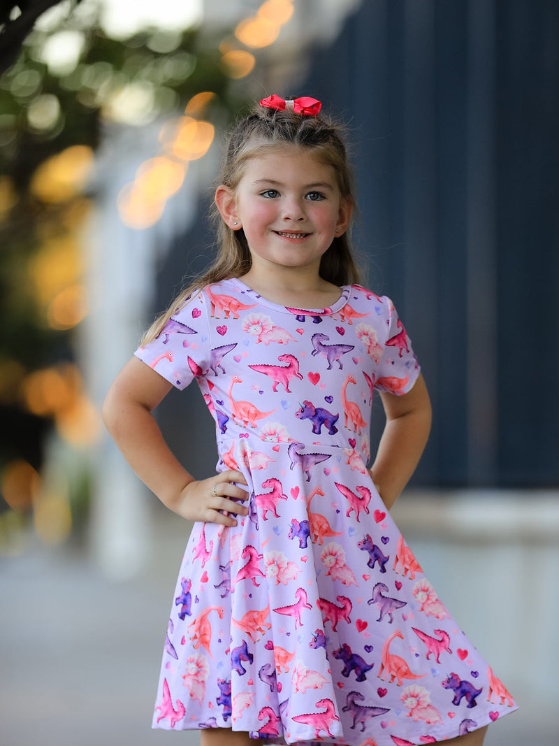 Dinosaur Heart Twirl Girls Dress Short Sleeves - 1