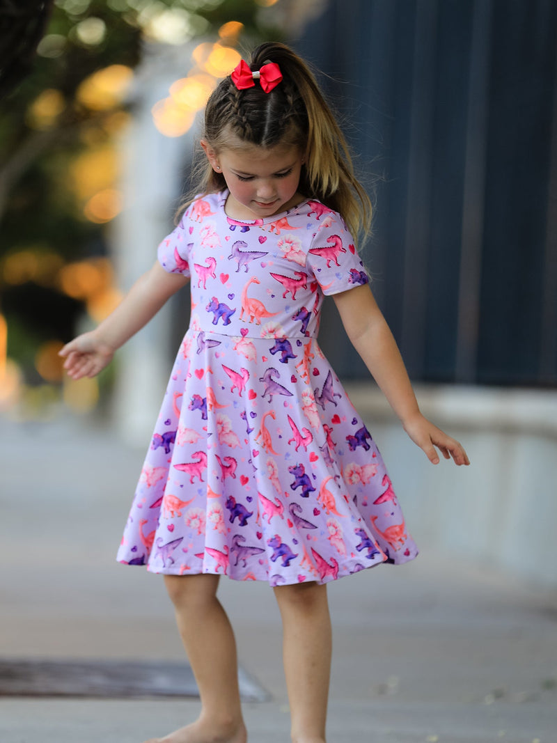 Dinosaur Heart Twirl Girls Dress Short Sleeves - 5