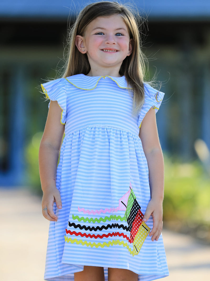 Crayon Back to School Dress with Ruffle Petal Collar - 1