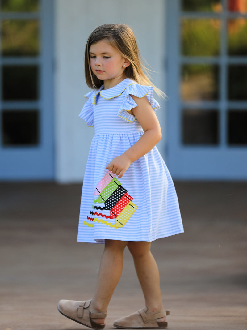 Crayon Back to School Dress with Ruffle Petal Collar - 5