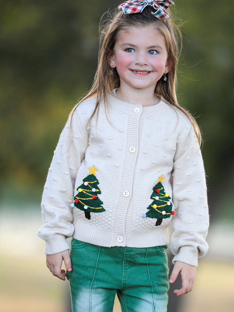 Christmas Tree Knit Cardigan Kids Holiday Sweater Button Front - 2