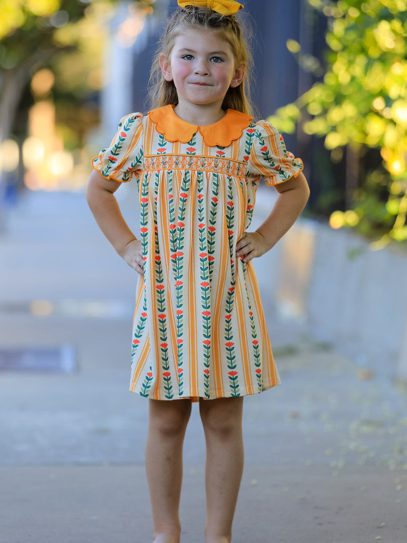 Fall Floral Stripe Girls Dress Petals Collar Smocked - 6