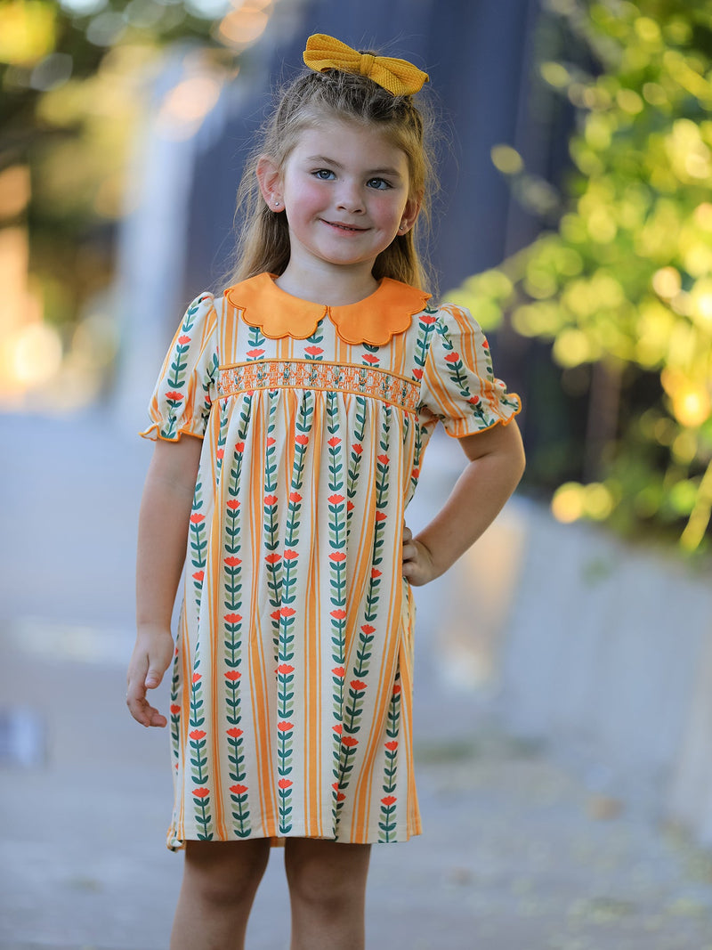 Fall Floral Stripe Girls Dress Petals Collar Smocked - 2