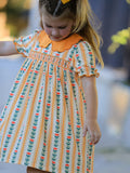 Fall Floral Stripe Girls Dress Petals Collar Smocked - 1
