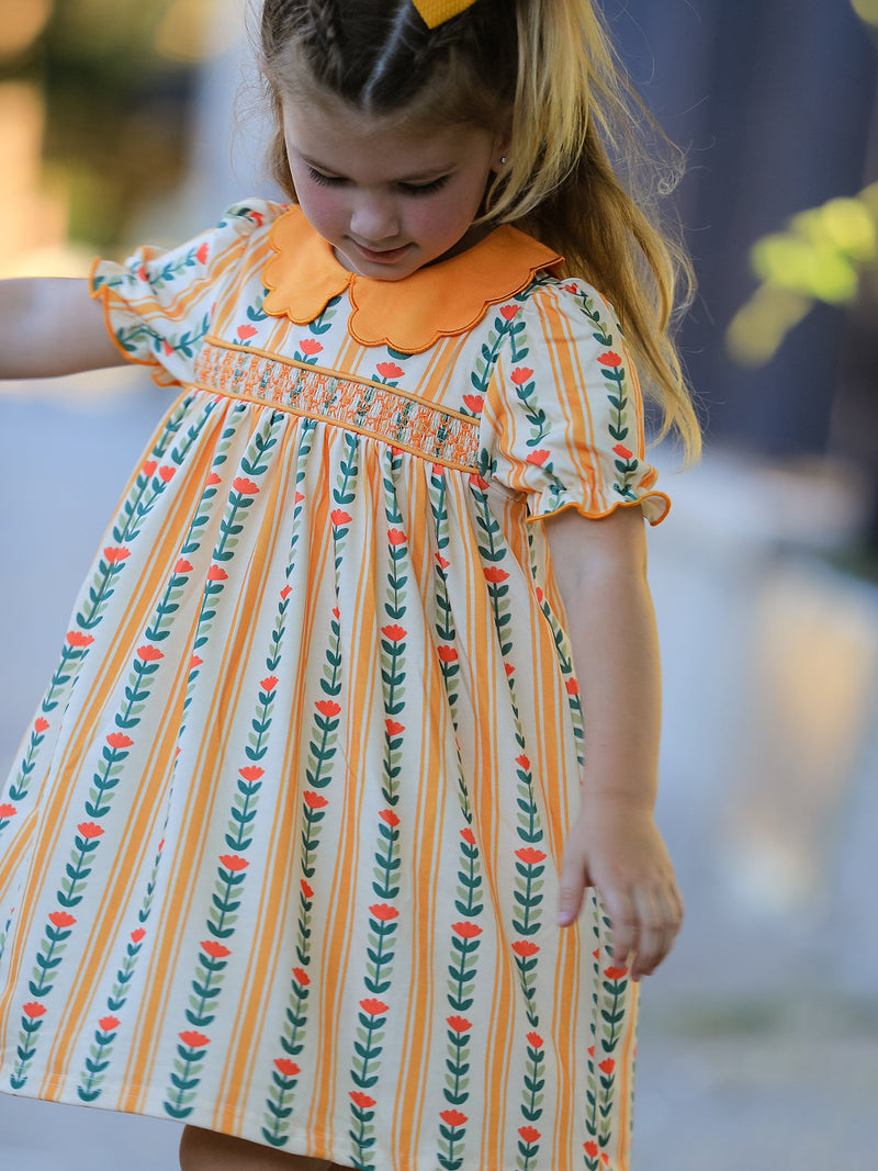 Fall Floral Stripe Girls Dress Petals Collar Smocked - 1