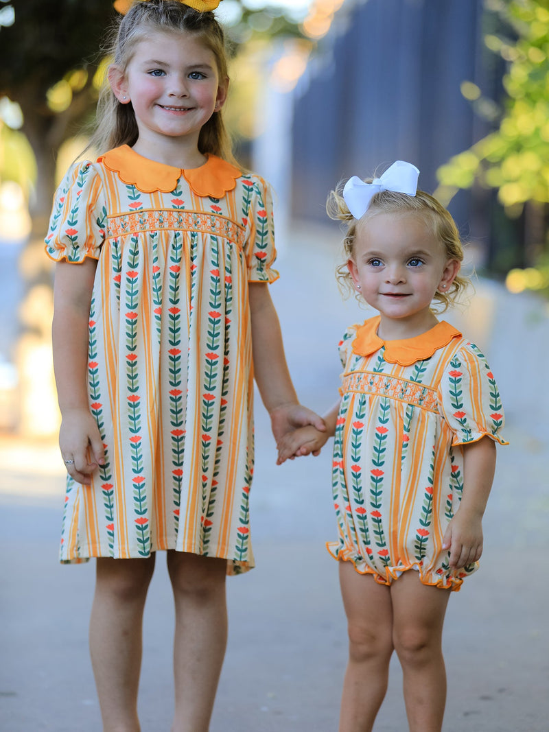 Fall Floral Stripe Girls Dress Petals Collar Smocked - 5