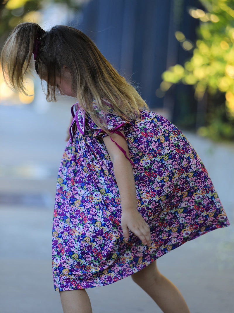 Purple Floral Bow Petals Collar Girls Dress - 5