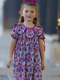 Purple Floral Bow Petals Collar Girls Dress - 1