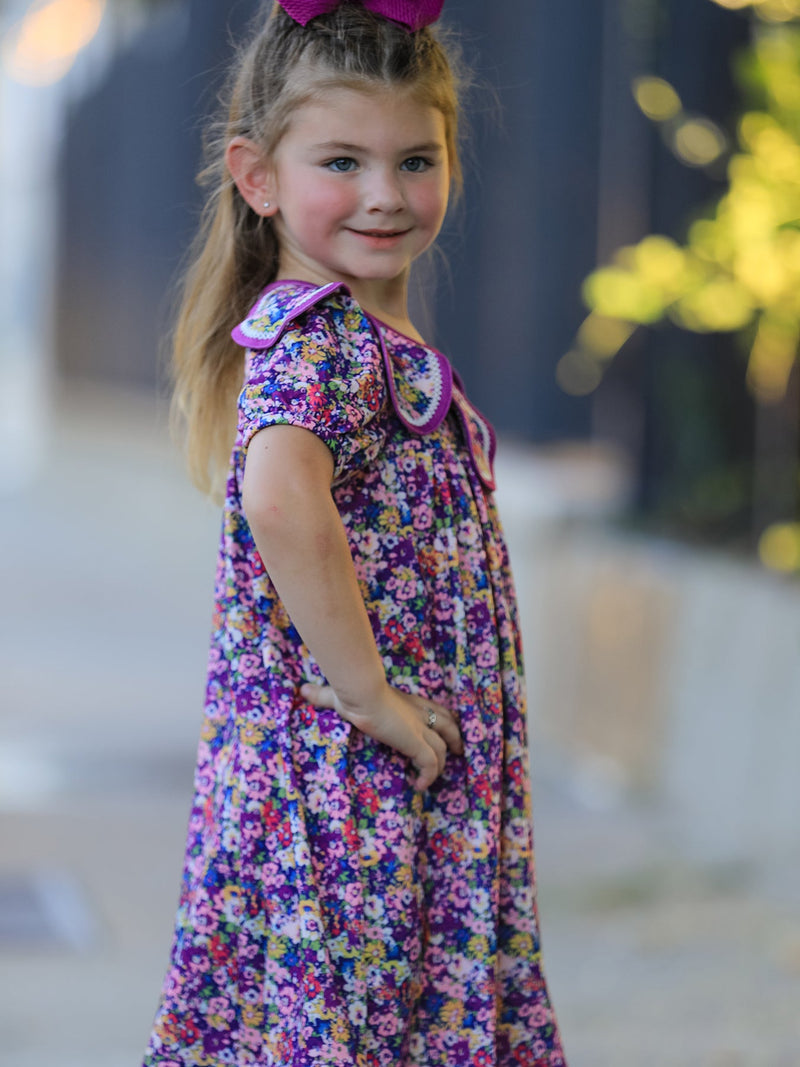 Purple Floral Bow Petals Collar Girls Dress - 2