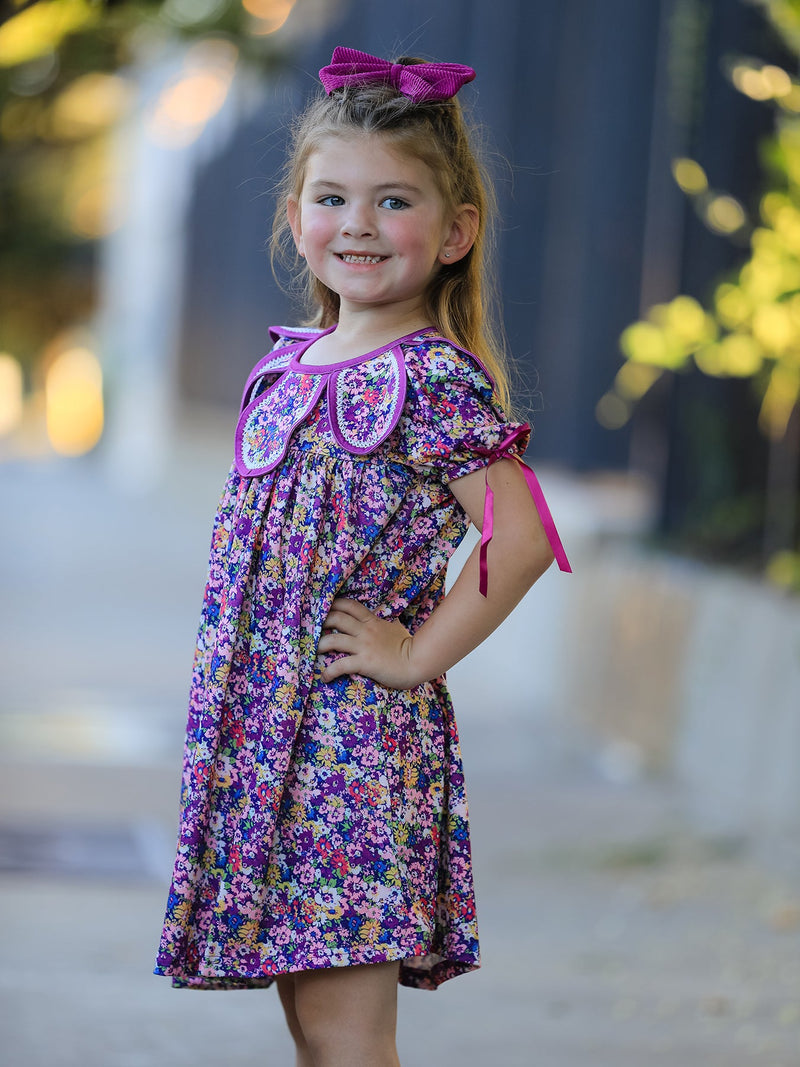 Purple Floral Bow Petals Collar Girls Dress - 3