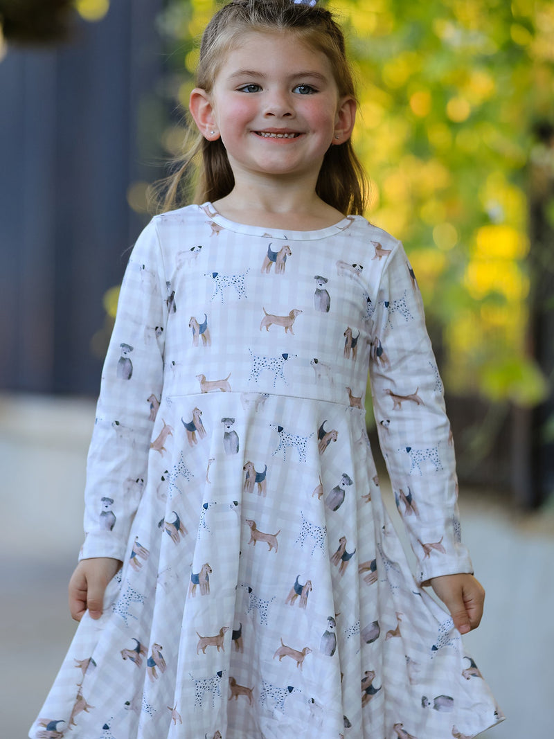 Fall Plaid Dog Print Girls Long Sleeve Twirl Dress - 3