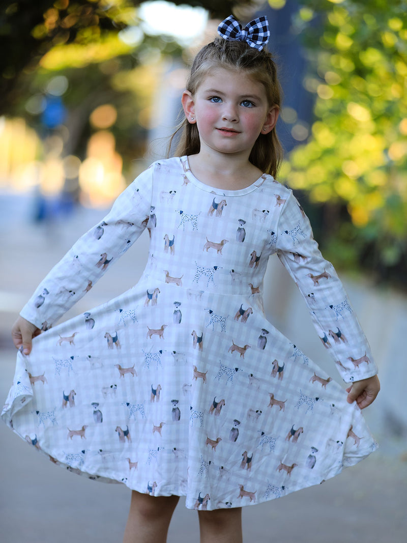 Fall Plaid Dog Print Girls Long Sleeve Twirl Dress - 1