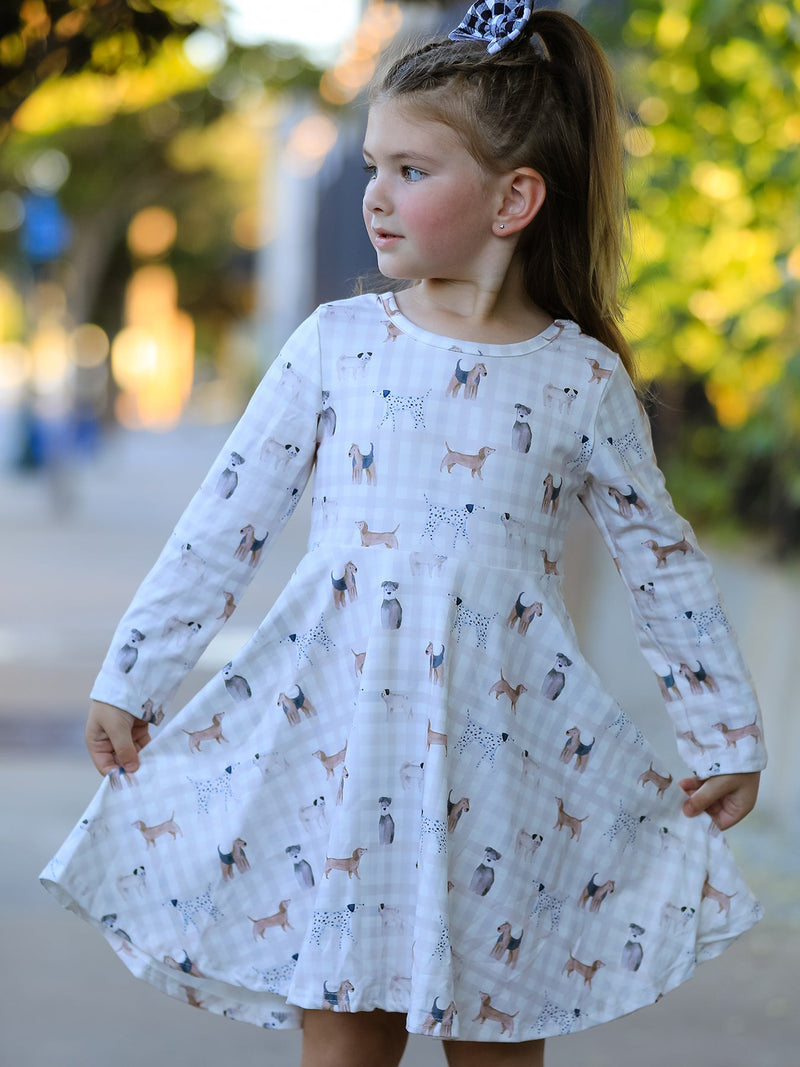 Fall Plaid Dog Print Girls Long Sleeve Twirl Dress - 2