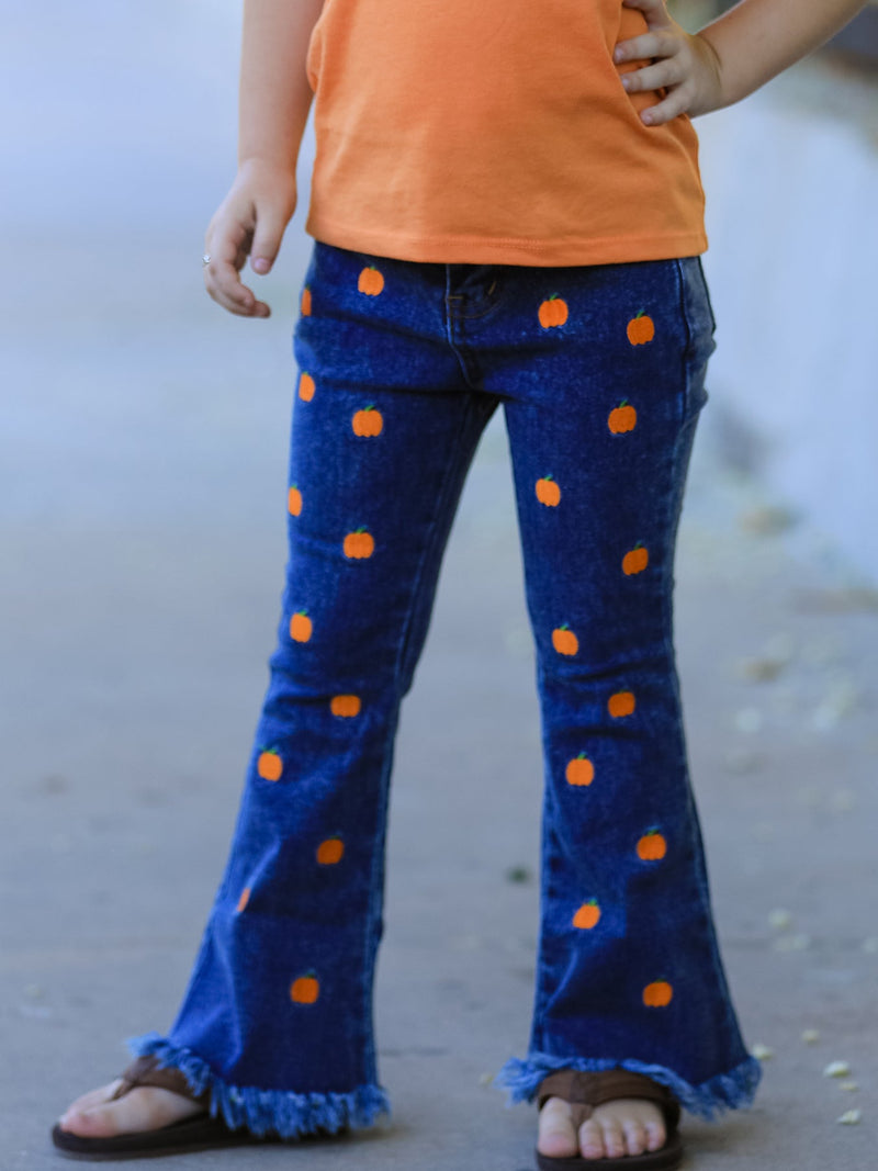 Girls Pumpkin Embroidered Flare Jeans Fall Denim Pants with Fringe Hem - 4