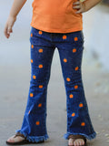Girls Pumpkin Embroidered Flare Jeans Fall Denim Pants with Fringe Hem - 1