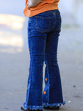 Girls Pumpkin Embroidered Flare Jeans Fall Denim Pants with Fringe Hem - 3