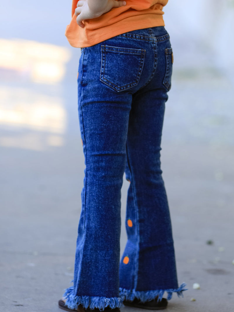 Girls Pumpkin Embroidered Flare Jeans Fall Denim Pants with Fringe Hem - 3