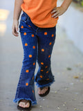 Girls Pumpkin Embroidered Flare Jeans Fall Denim Pants with Fringe Hem - 2