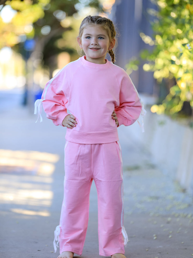 Girls Pink Bow Trim Sweatshirt and Pants Set - 3
