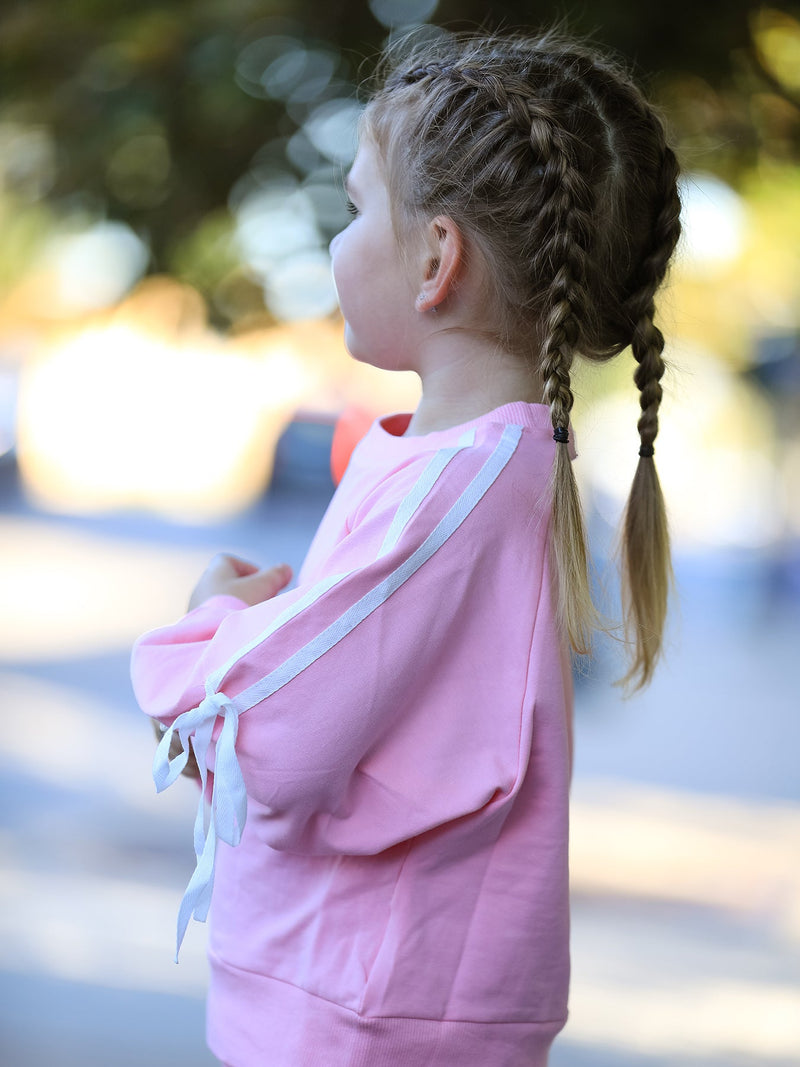 Girls Pink Bow Trim Sweatshirt and Pants Set - 4