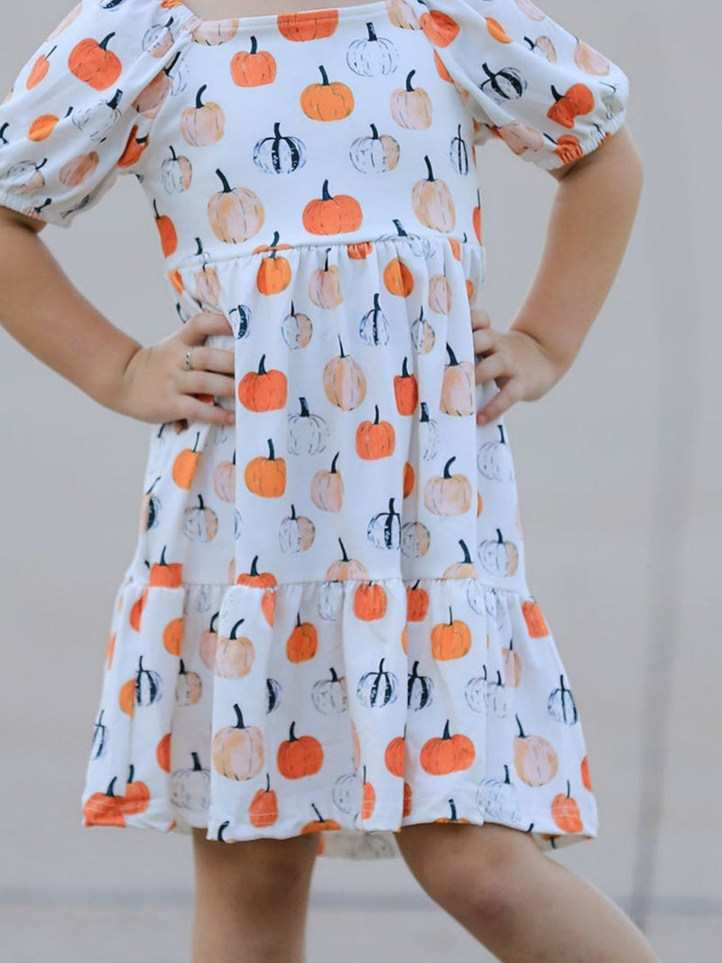Fall Pumpkin Puff Sleeve Girls Dress - 5