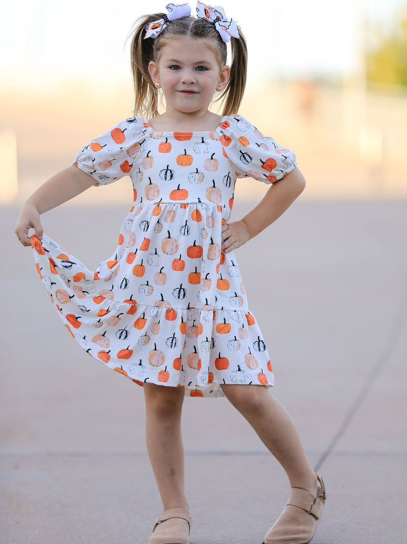 Fall Pumpkin Puff Sleeve Girls Dress - 1