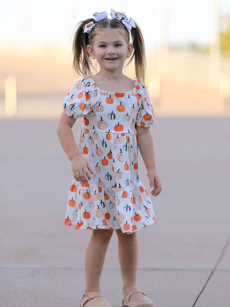 Fall Pumpkin Puff Sleeve Girls Dress - 3