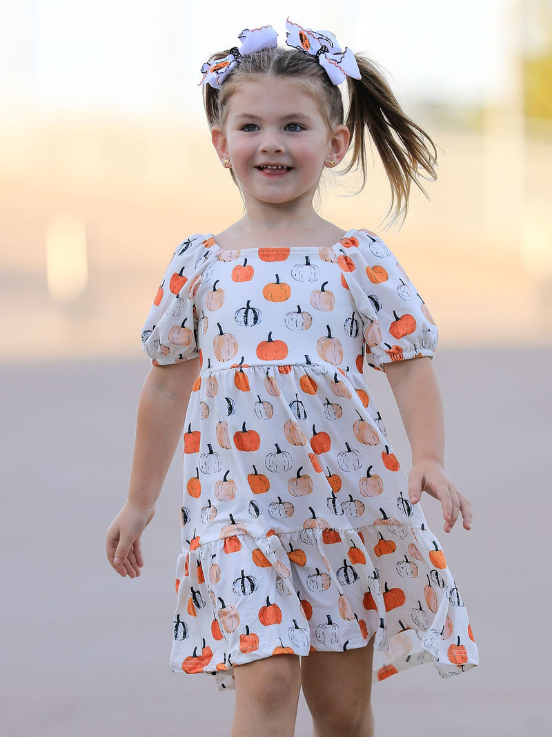 Fall Pumpkin Puff Sleeve Girls Dress - 4