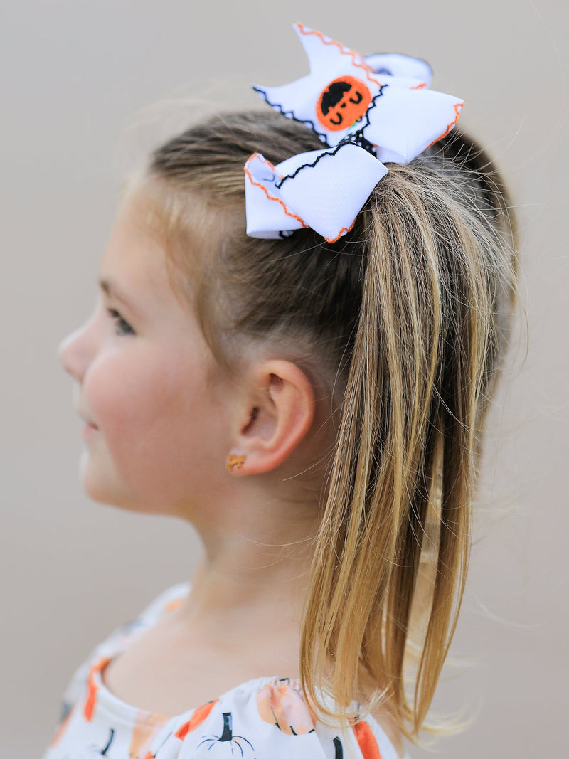 Halloween Pumpkin Hair Bows: White Ribbon Design（2PCS） - 2