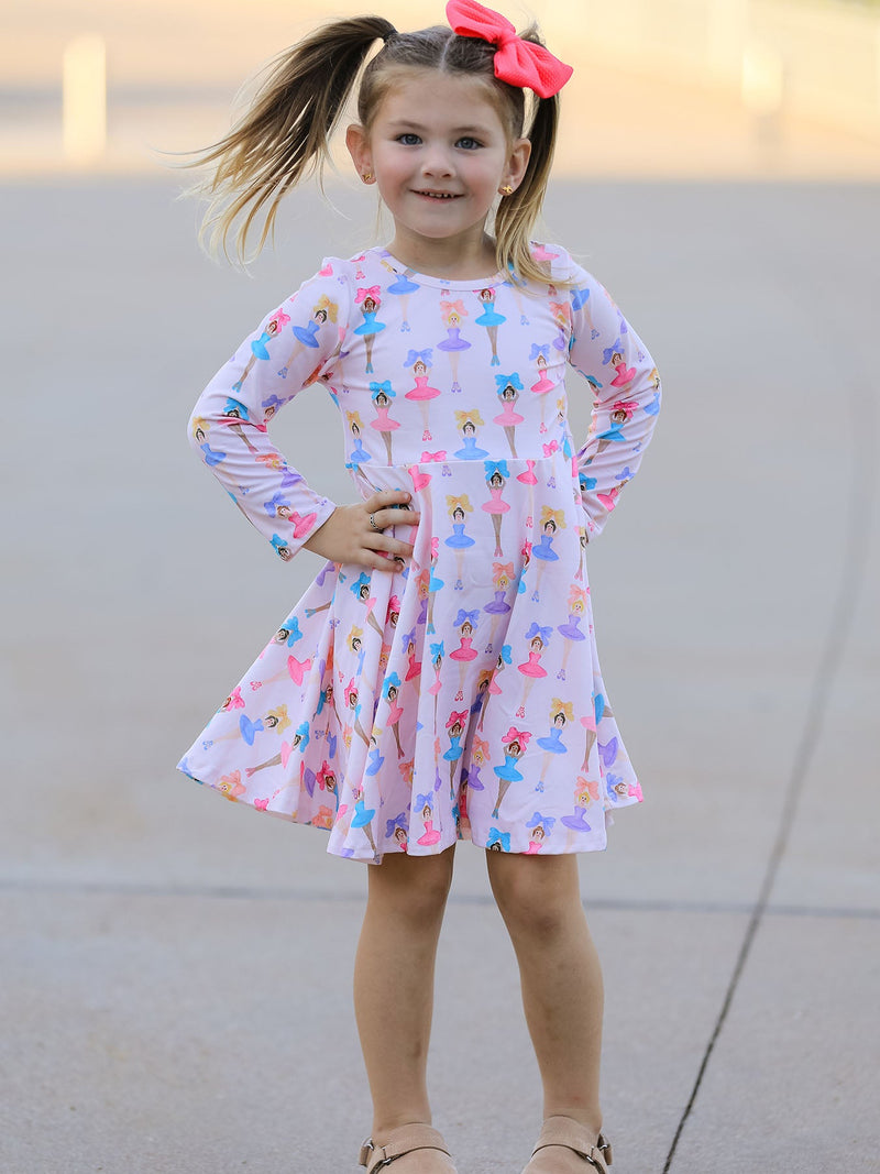 Fall Colorful Ballet Character Girls Long Sleeve Twirl Dress - 1