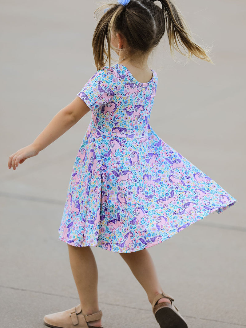 Unicorn Floral Print Girls Short Sleeve Twirl Dress - 5