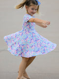 Unicorn Floral Print Girls Short Sleeve Twirl Dress - 3