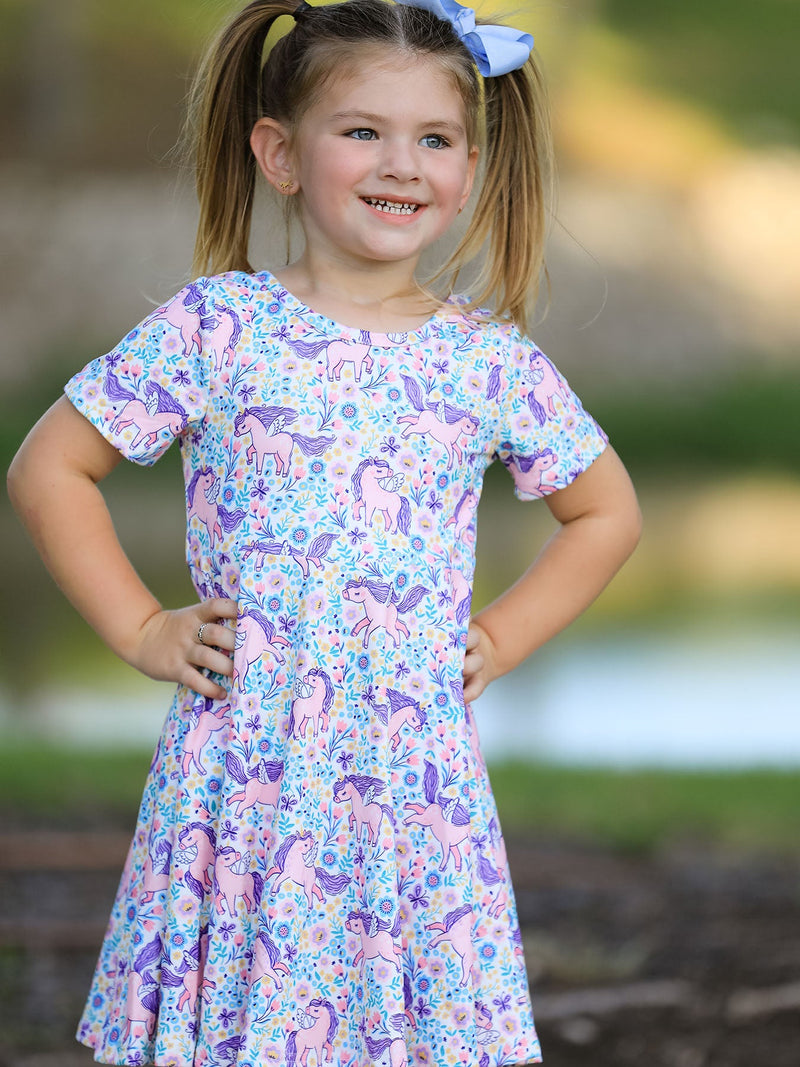 Unicorn Floral Print Girls Short Sleeve Twirl Dress - 1