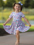 Unicorn Floral Print Girls Short Sleeve Twirl Dress - 2